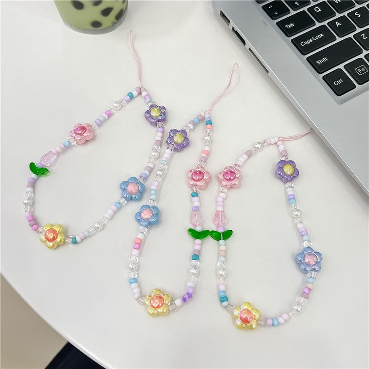 Beaded Phone Lanyard Wrist Strap Cute Flower Aesthetic Cell Phone Keychain Charm