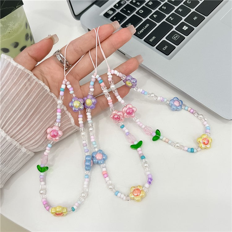 Beaded Phone Lanyard Wrist Strap Cute Flower Aesthetic Cell Phone Keychain Charm