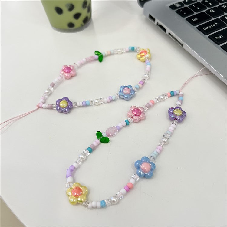 Beaded Phone Lanyard Wrist Strap Cute Flower Aesthetic Cell Phone Keychain Charm