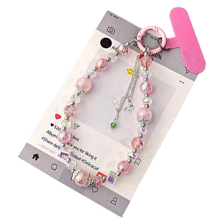 26cm Short Bead Chain Phone Lanyard Wrist Strap Mobile Accessory with Tether Tab - Pink