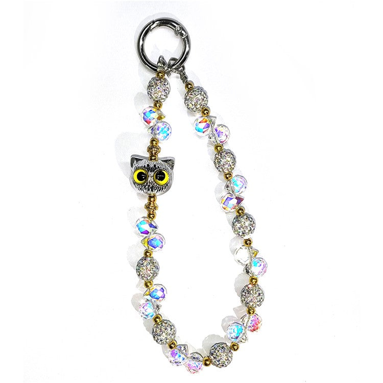 Beaded Phone Wrist Strap Cat Eye 26cm Length Short Chain Phone Lanyard with Tether Tab - Silver