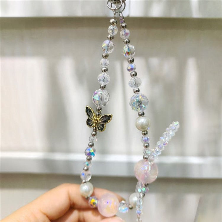 Butterfly Charm 26cm Short Beaded Phone Strap Lanyard Wrist Strap with Tether Tab - Black