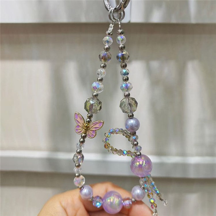 Butterfly Charm 26cm Short Beaded Phone Strap Lanyard Wrist Strap with Tether Tab - Purple