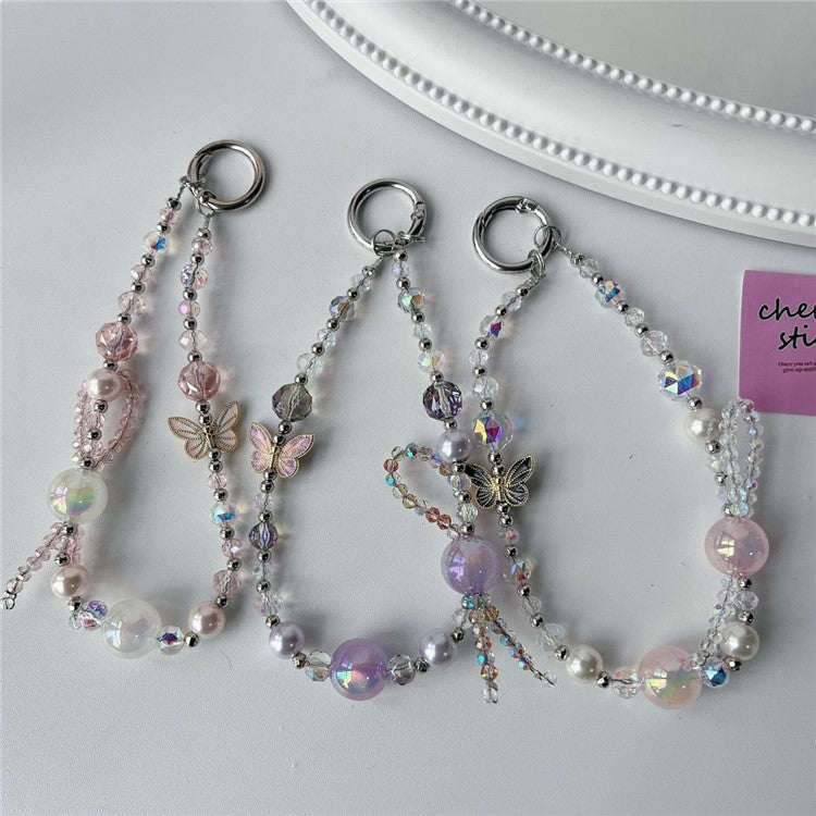 Butterfly Charm 26cm Short Beaded Phone Strap Lanyard Wrist Strap with Tether Tab - Pink