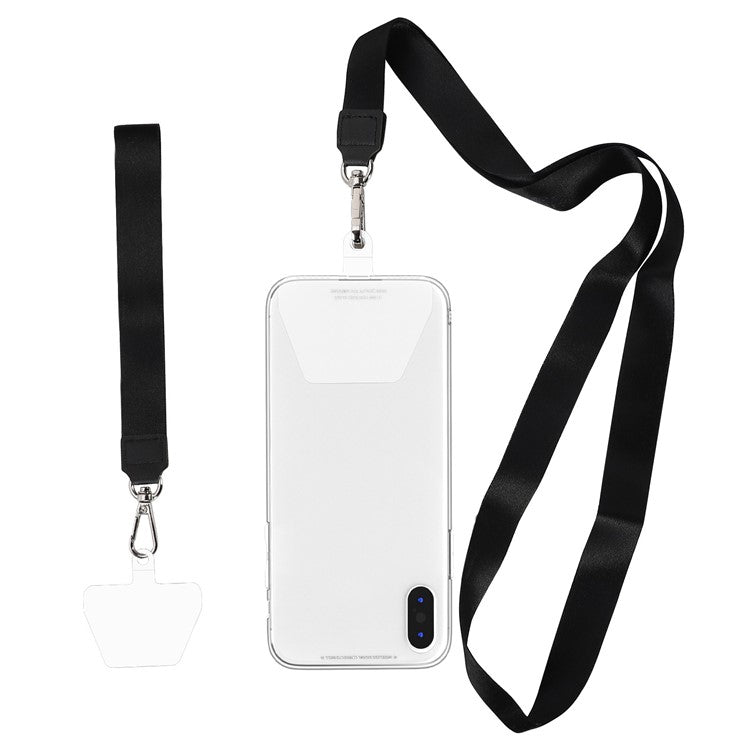 Long Neck Strap + Short Wrist Strap Metal Hook Design Anti-lost Phone Carrying Lanyard with Transparent Patch - Black