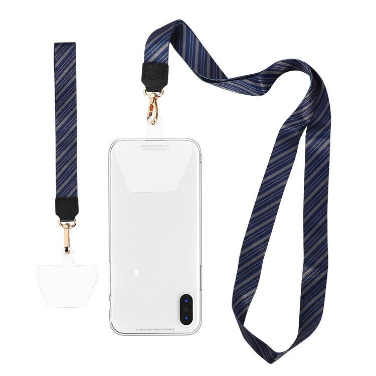 Long Neck Strap + Short Wrist Strap Metal Hook Design Anti-lost Phone Carrying Lanyard with Transparent Patch - Blue Stripe