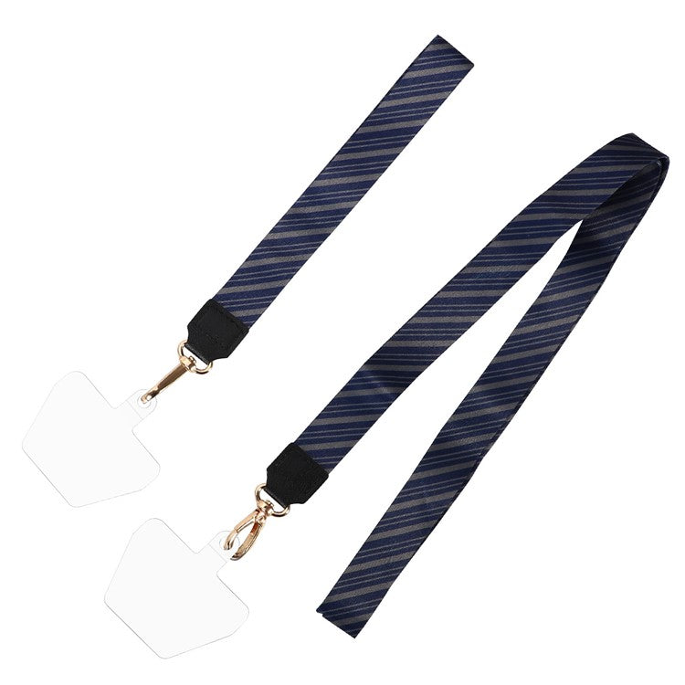 Long Neck Strap + Short Wrist Strap Metal Hook Design Anti-lost Phone Carrying Lanyard with Transparent Patch - Blue Stripe