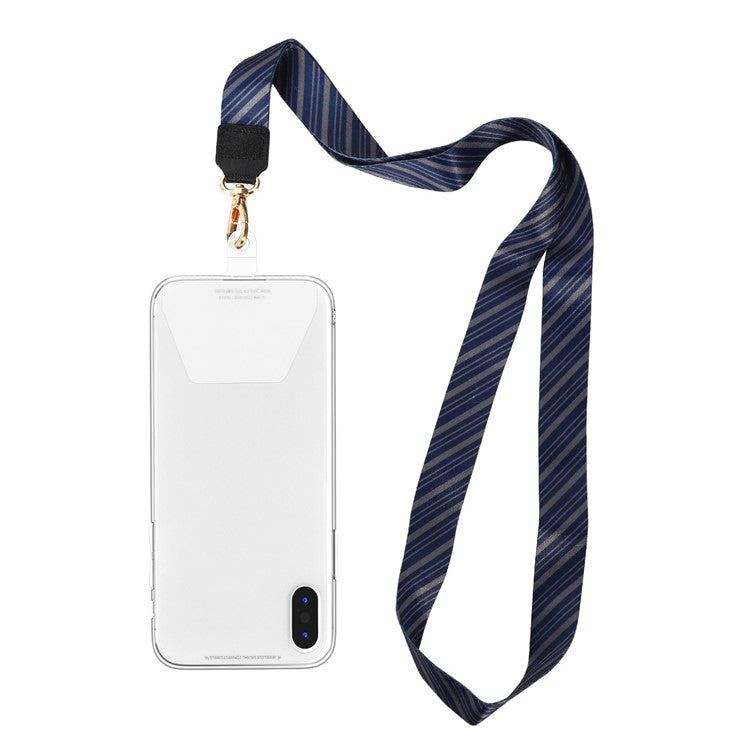 Long Neck Strap + Short Wrist Strap Metal Hook Design Anti-lost Phone Carrying Lanyard with Transparent Patch - Blue Stripe