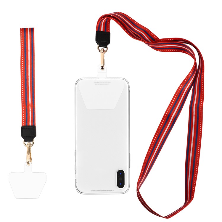 Long Neck Strap + Short Wrist Strap Metal Hook Design Anti-lost Phone Carrying Lanyard with Transparent Patch - Red Stripe