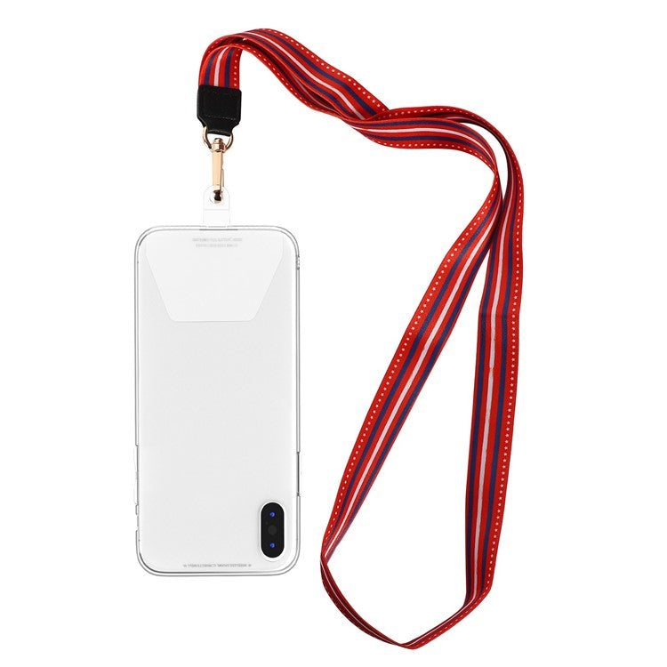 Long Neck Strap + Short Wrist Strap Metal Hook Design Anti-lost Phone Carrying Lanyard with Transparent Patch - Red Stripe