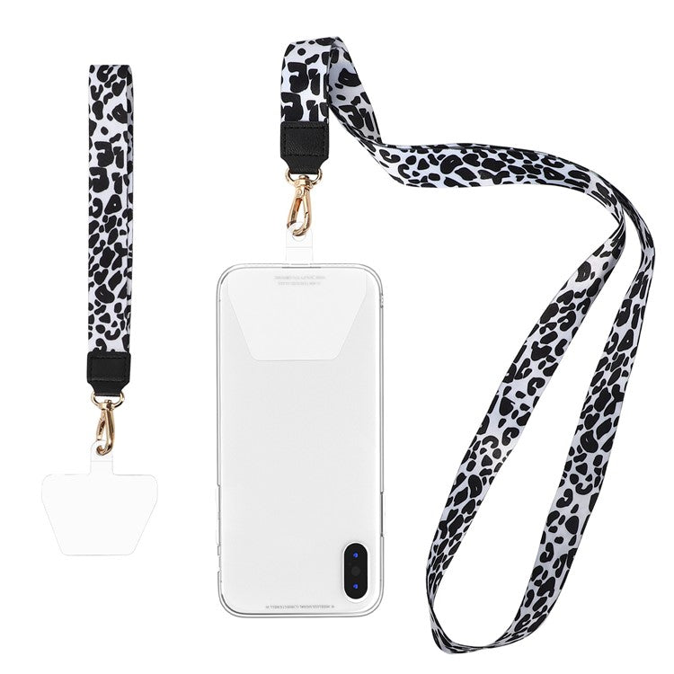 Long Neck Strap + Short Wrist Strap Metal Hook Design Anti-lost Phone Carrying Lanyard with Transparent Patch - Black / White Leopard Print