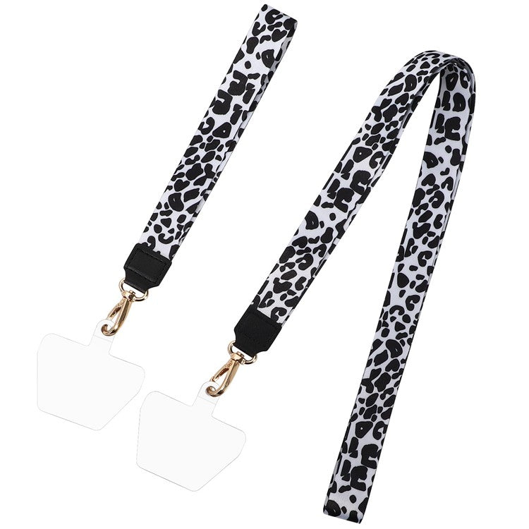 Long Neck Strap + Short Wrist Strap Metal Hook Design Anti-lost Phone Carrying Lanyard with Transparent Patch - Black / White Leopard Print