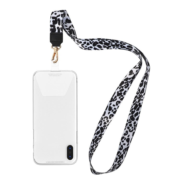 Long Neck Strap + Short Wrist Strap Metal Hook Design Anti-lost Phone Carrying Lanyard with Transparent Patch - Black / White Leopard Print