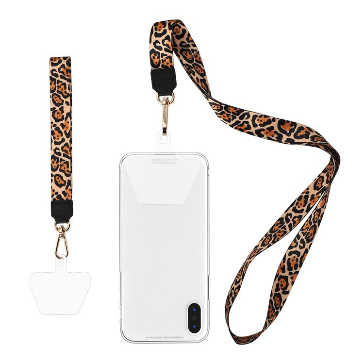 Long Neck Strap + Short Wrist Strap Metal Hook Design Anti-lost Phone Carrying Lanyard with Transparent Patch - Brown Leopard Print