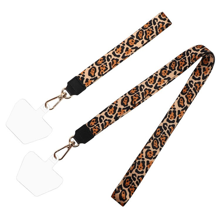 Long Neck Strap + Short Wrist Strap Metal Hook Design Anti-lost Phone Carrying Lanyard with Transparent Patch - Brown Leopard Print