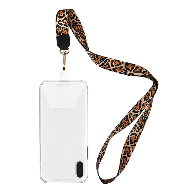 Long Neck Strap + Short Wrist Strap Metal Hook Design Anti-lost Phone Carrying Lanyard with Transparent Patch - Brown Leopard Print