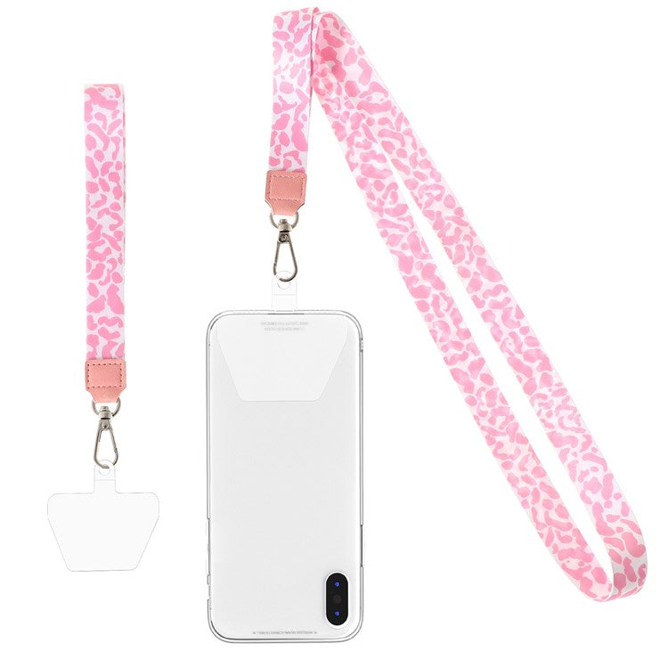 Long Neck Strap + Short Wrist Strap Metal Hook Design Anti-lost Phone Carrying Lanyard with Transparent Patch - Pink Leopard Print