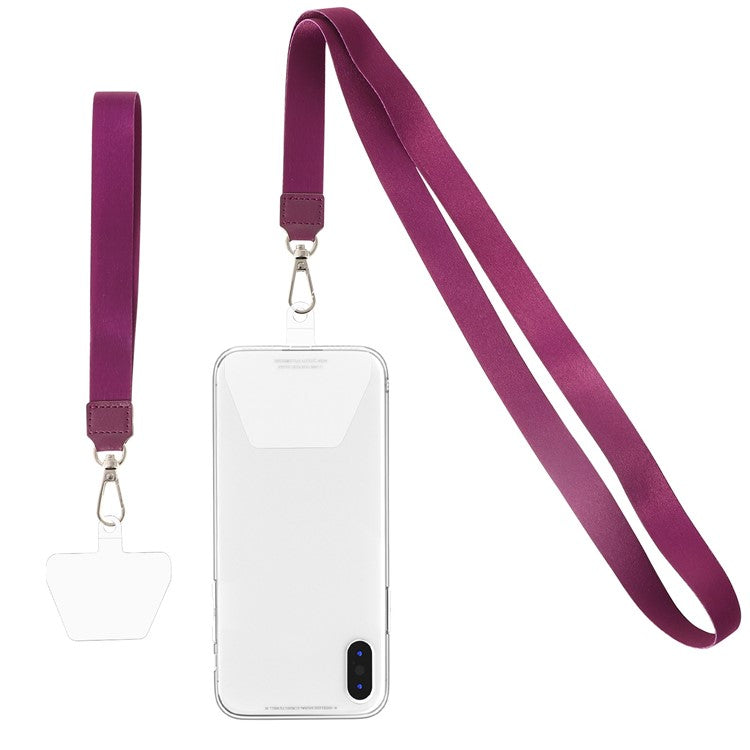 Long Neck Strap + Short Wrist Strap Metal Hook Design Anti-lost Phone Carrying Lanyard with Transparent Patch - Purple