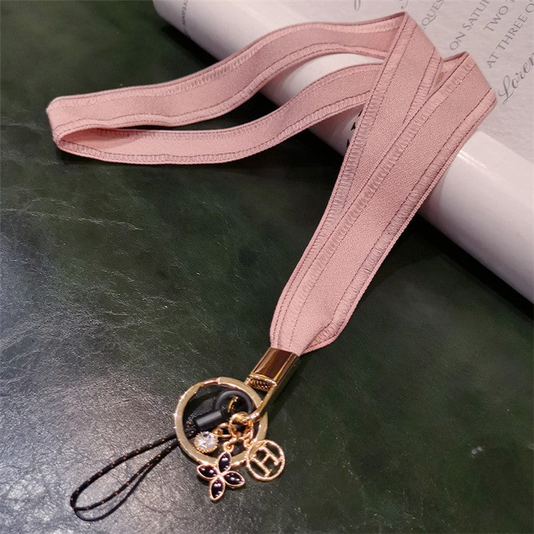 Universal Phone Lanyard Key Ring Cellphone Neck Strap Hanging Rope with Metal Clover Pendant - Light Pink