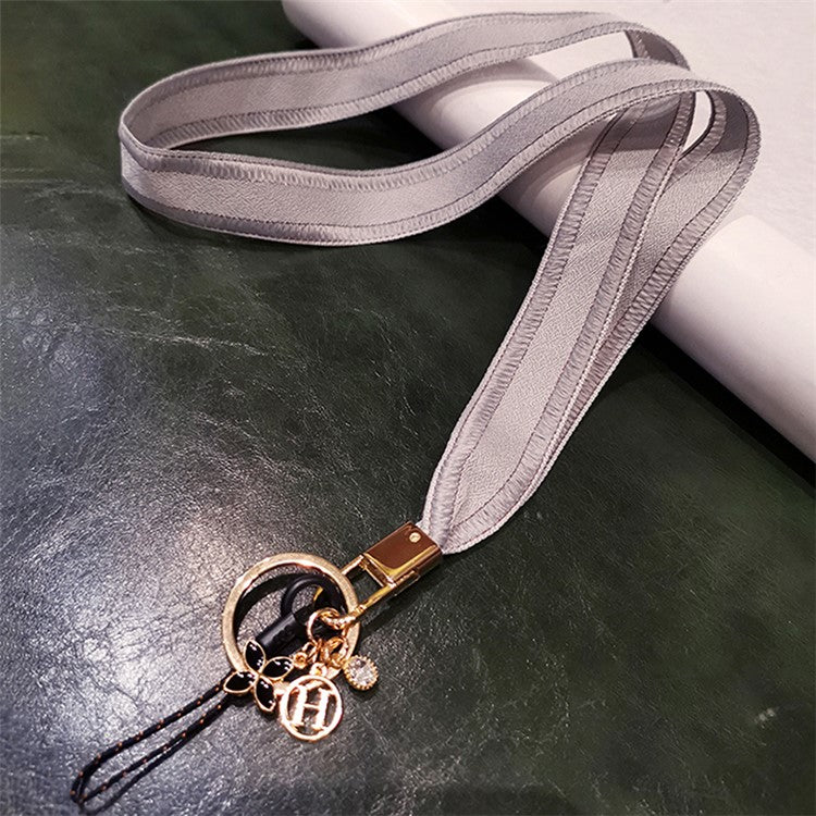 Universal Phone Lanyard Key Ring Cellphone Neck Strap Hanging Rope with Metal Clover Pendant - Grey