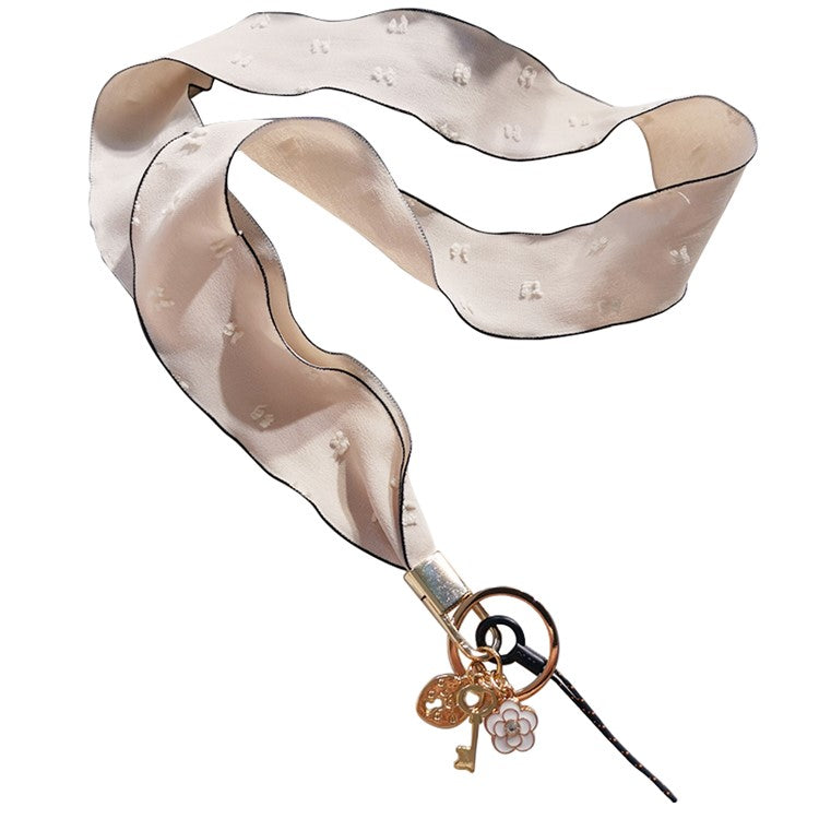 Chiffon Silk Scarf Style Phone Lanyard Dot Design Metal Heart-Shape Pendant Neck Strap - Beige