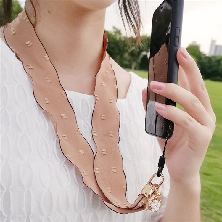 Chiffon Silk Scarf Style Phone Lanyard Dot Design Metal Heart-Shape Pendant Neck Strap - Brown