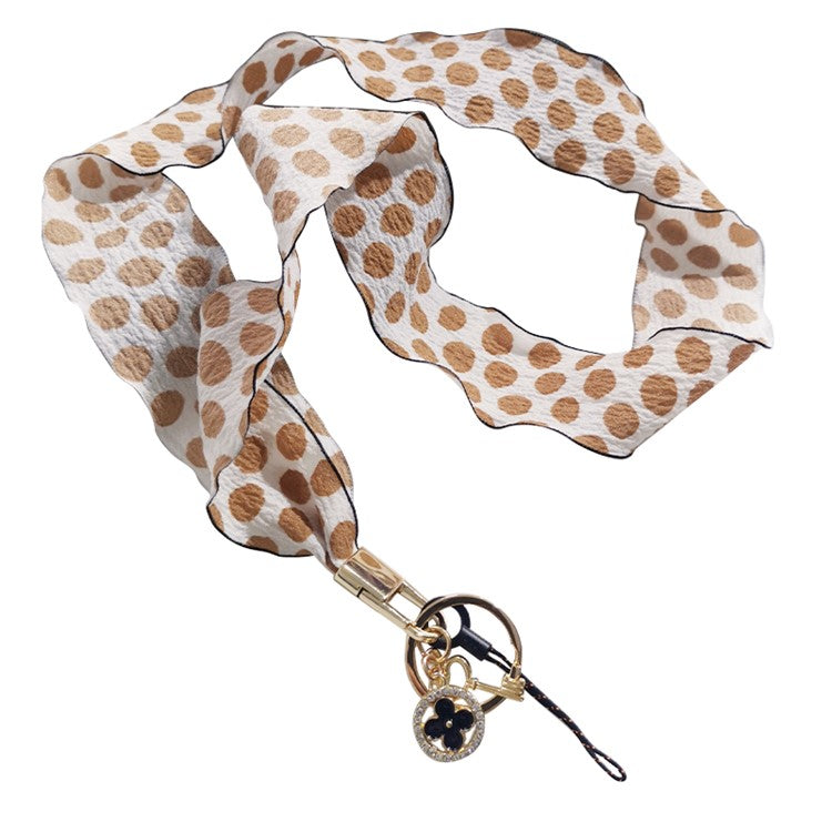 Silk Scarf Style Phone Lanyard Phone Neck Strap with Clover Pendant for Keys ID Badge - Brown Dots