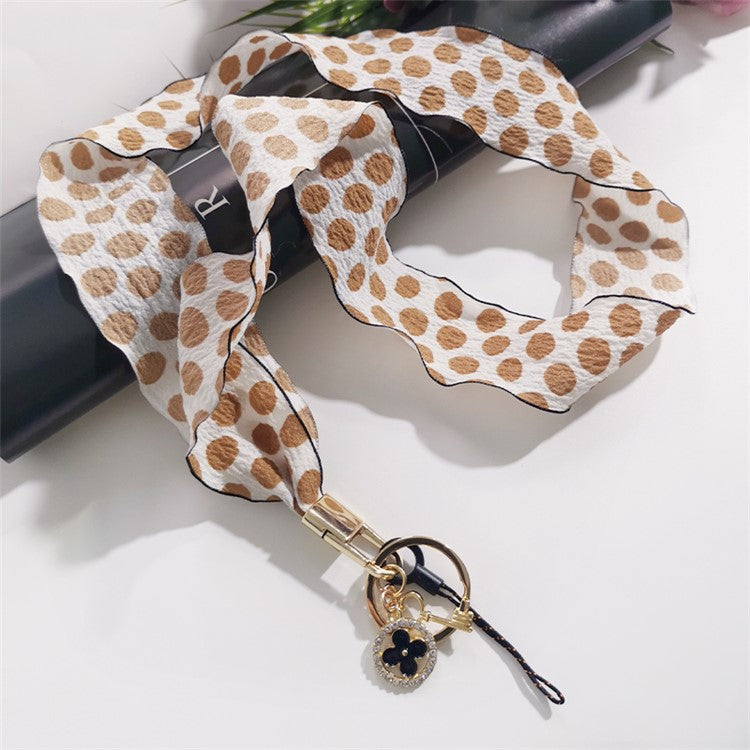 Silk Scarf Style Phone Lanyard Phone Neck Strap with Clover Pendant for Keys ID Badge - Brown Dots