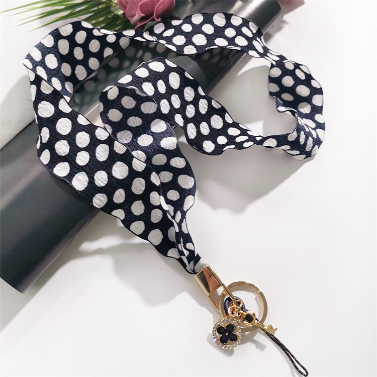 Silk Scarf Style Phone Lanyard Phone Neck Strap with Clover Pendant for Keys ID Badge - White Dots