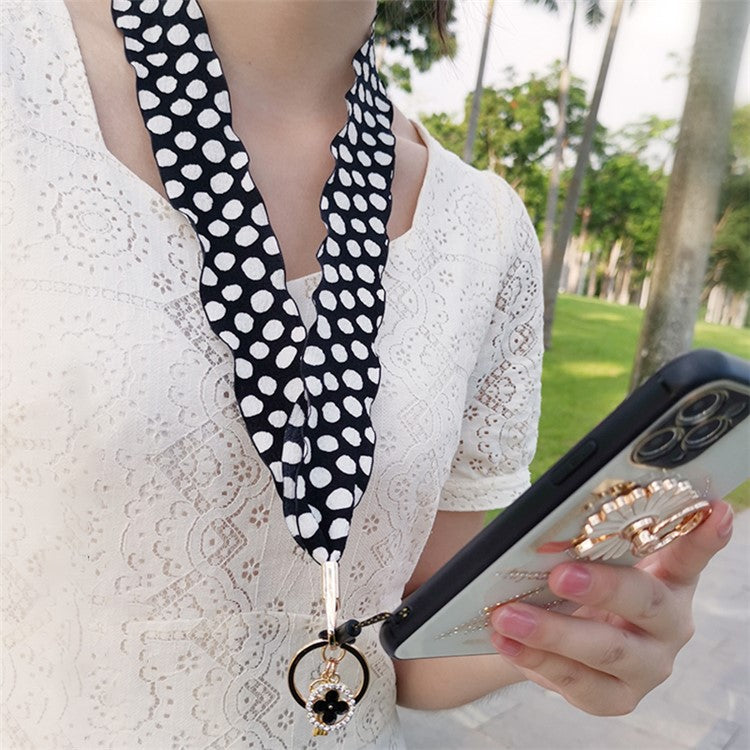 Silk Scarf Style Phone Lanyard Phone Neck Strap with Clover Pendant for Keys ID Badge - White Dots