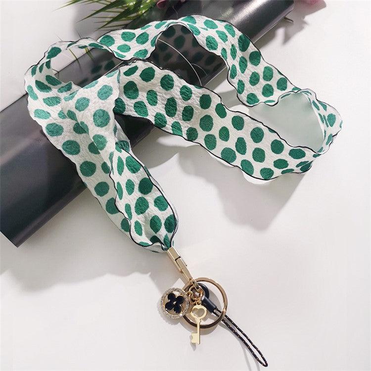 Silk Scarf Style Phone Lanyard Phone Neck Strap with Clover Pendant for Keys ID Badge - Green Dots