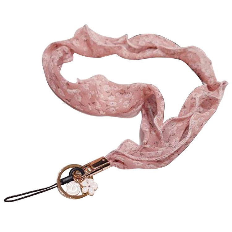 Floral Chiffon Silk Scarf Style Phone Lanyard Metal Pendant Key Ring Phone Neck Strap - Pink