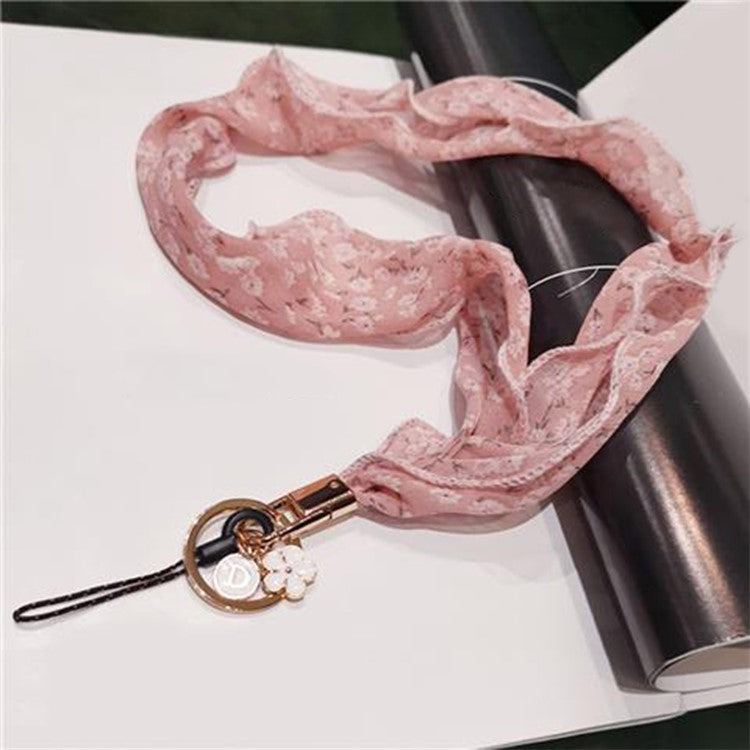 Floral Chiffon Silk Scarf Style Phone Lanyard Metal Pendant Key Ring Phone Neck Strap - Pink