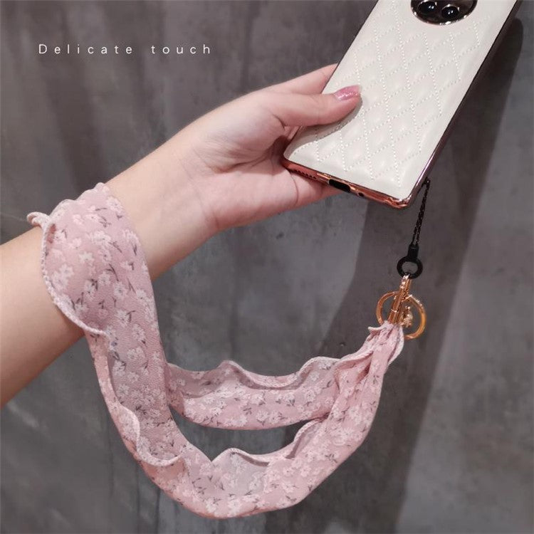 Floral Chiffon Silk Scarf Style Phone Lanyard Metal Pendant Key Ring Phone Neck Strap - Pink