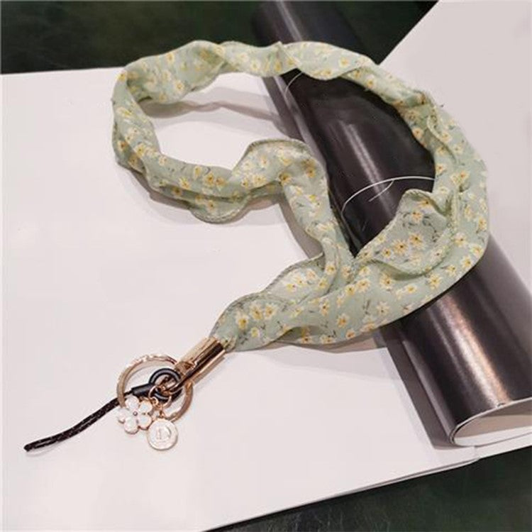 Floral Chiffon Silk Scarf Style Phone Lanyard Metal Pendant Key Ring Phone Neck Strap - Green