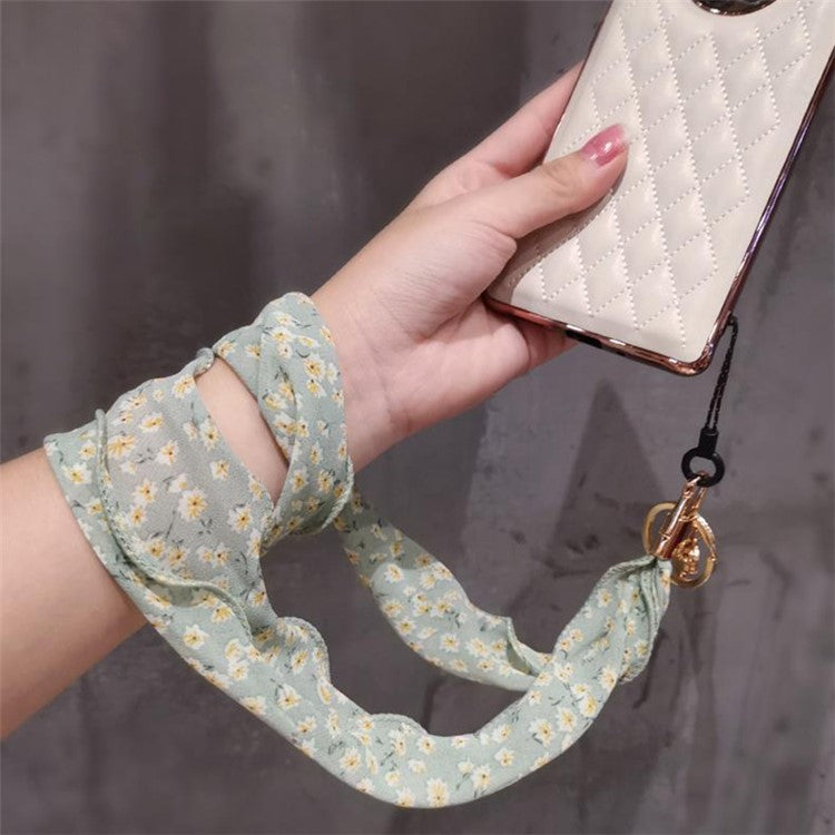 Floral Chiffon Silk Scarf Style Phone Lanyard Metal Pendant Key Ring Phone Neck Strap - Green