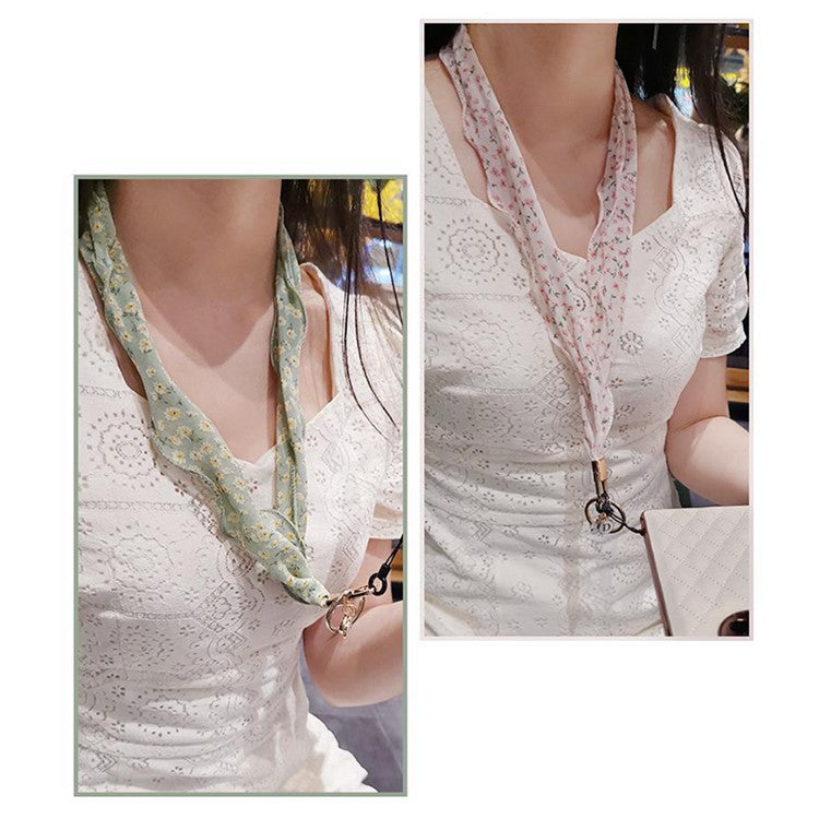 Floral Chiffon Silk Scarf Style Phone Lanyard Metal Pendant Key Ring Phone Neck Strap - Green