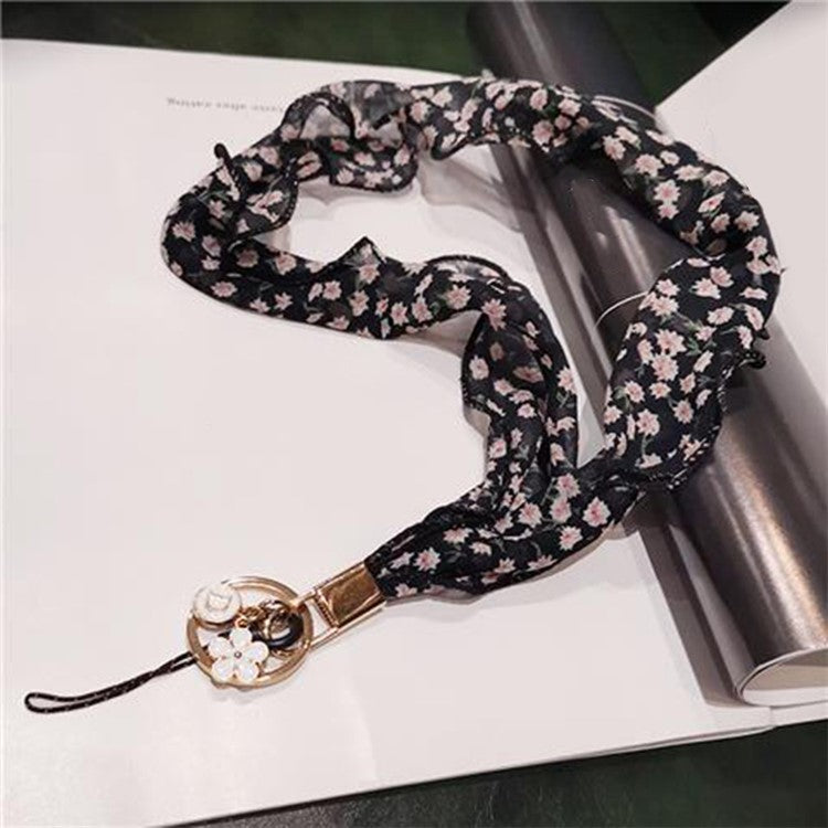 Floral Chiffon Silk Scarf Style Phone Lanyard Metal Pendant Key Ring Phone Neck Strap - Black