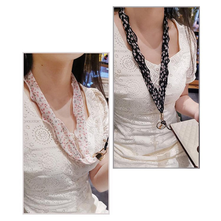 Floral Chiffon Silk Scarf Style Phone Lanyard Metal Pendant Key Ring Phone Neck Strap - Black