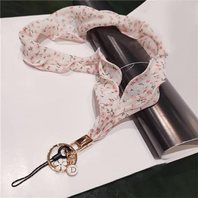 Floral Chiffon Silk Scarf Style Phone Lanyard Metal Pendant Key Ring Phone Neck Strap - Beige