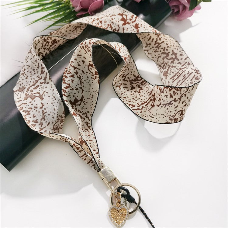 Scarf Style Ink Floral Universal Phone Lanyard Metal Pendant ID Badge Keychain Phone Neck Strap - Beige