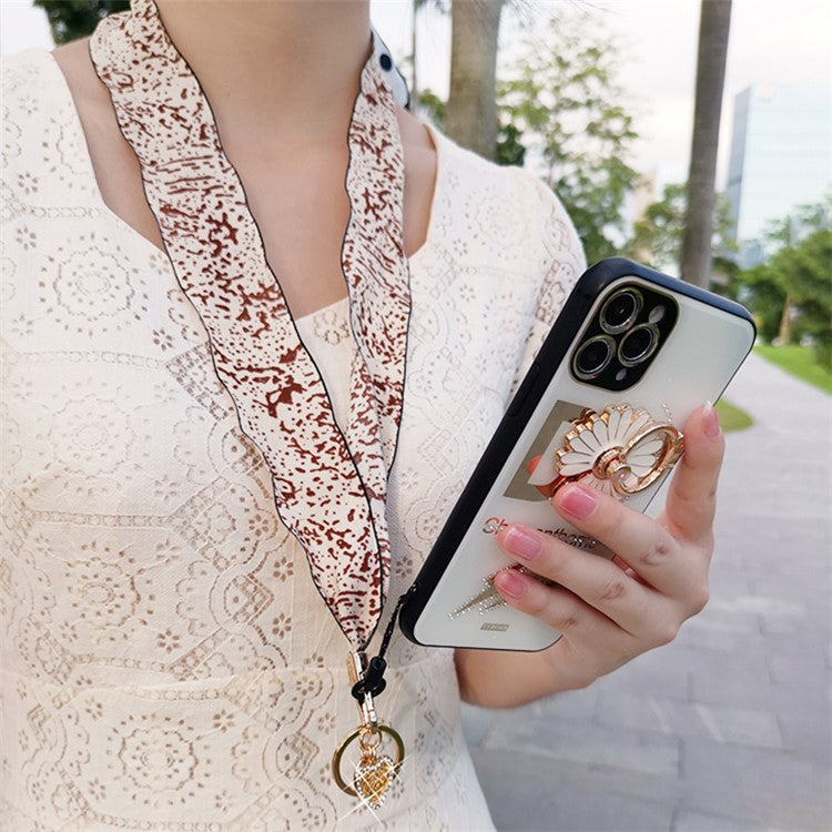 Scarf Style Ink Floral Universal Phone Lanyard Metal Pendant ID Badge Keychain Phone Neck Strap - Beige