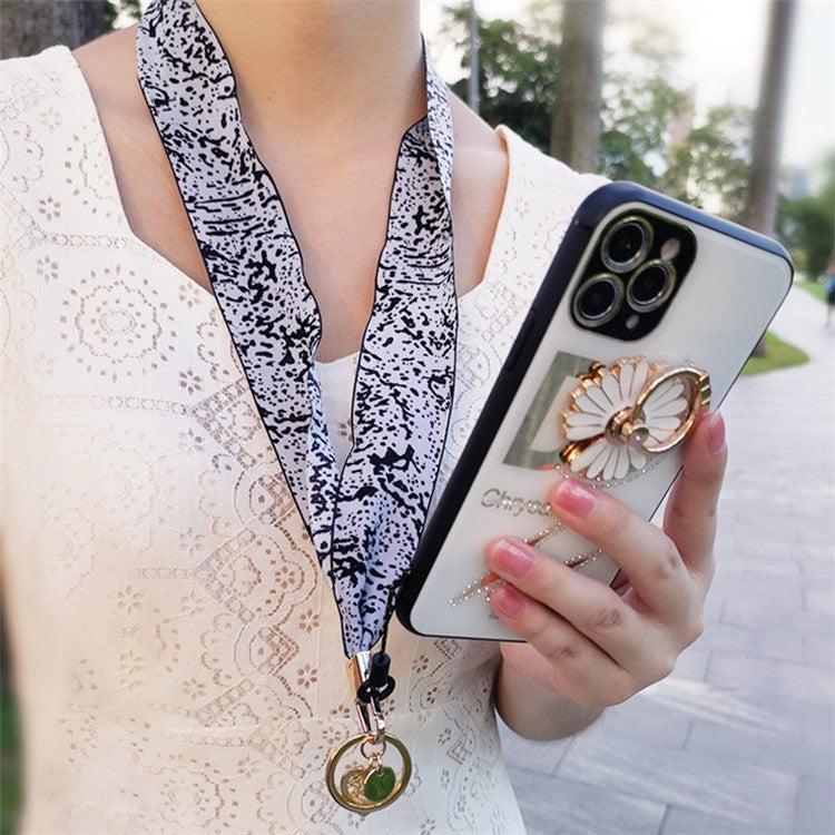 Scarf Style Ink Floral Universal Phone Lanyard Metal Pendant ID Badge Keychain Phone Neck Strap - Grey Blue