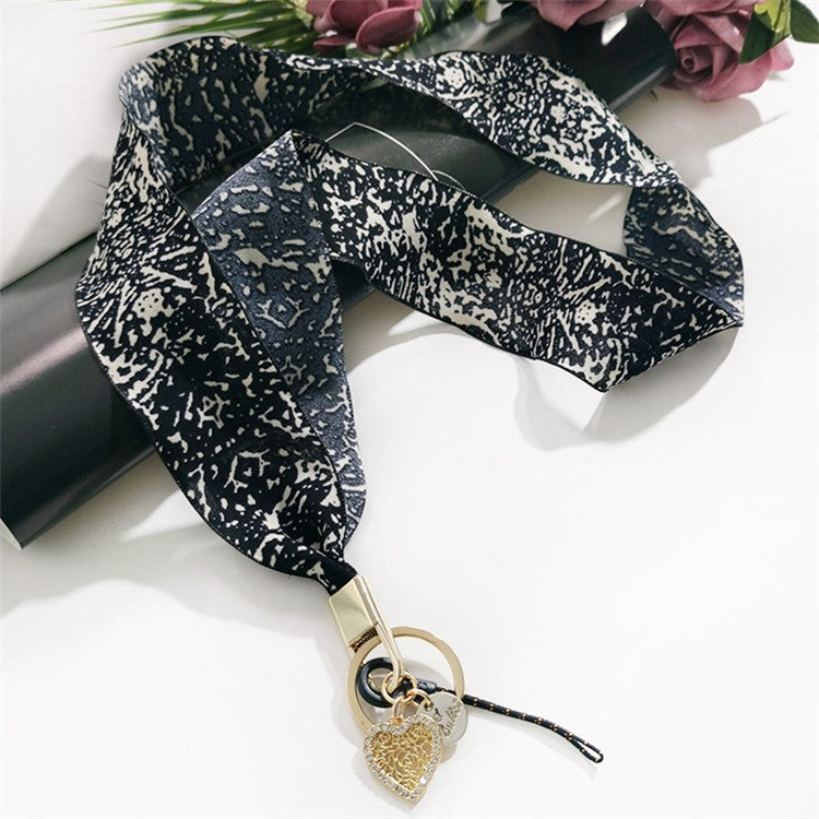 Scarf Style Ink Floral Universal Phone Lanyard Metal Pendant ID Badge Keychain Phone Neck Strap - Black