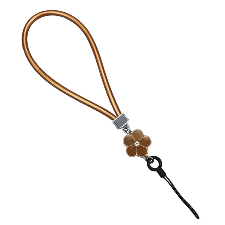 Universal Phone Short Lanyard PU Leather Flower Decor Hand Wrist Strap for ID Badge Holder Keychain - Brown