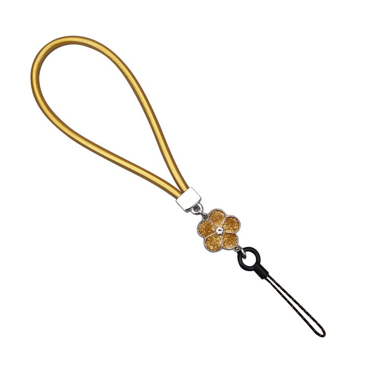 Universal Phone Short Lanyard PU Leather Flower Decor Hand Wrist Strap for ID Badge Holder Keychain - Gold