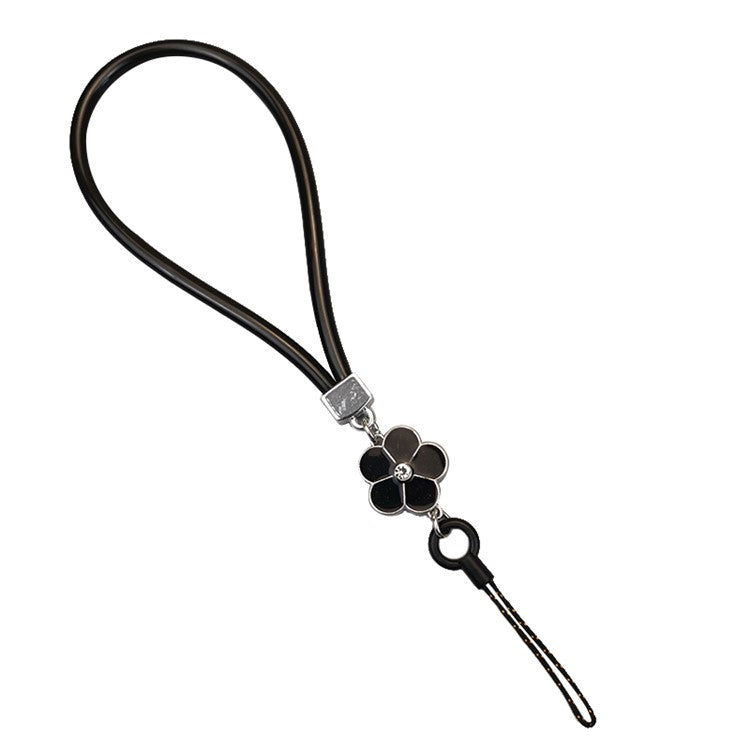 Universal Phone Short Lanyard PU Leather Flower Decor Hand Wrist Strap for ID Badge Holder Keychain - Black