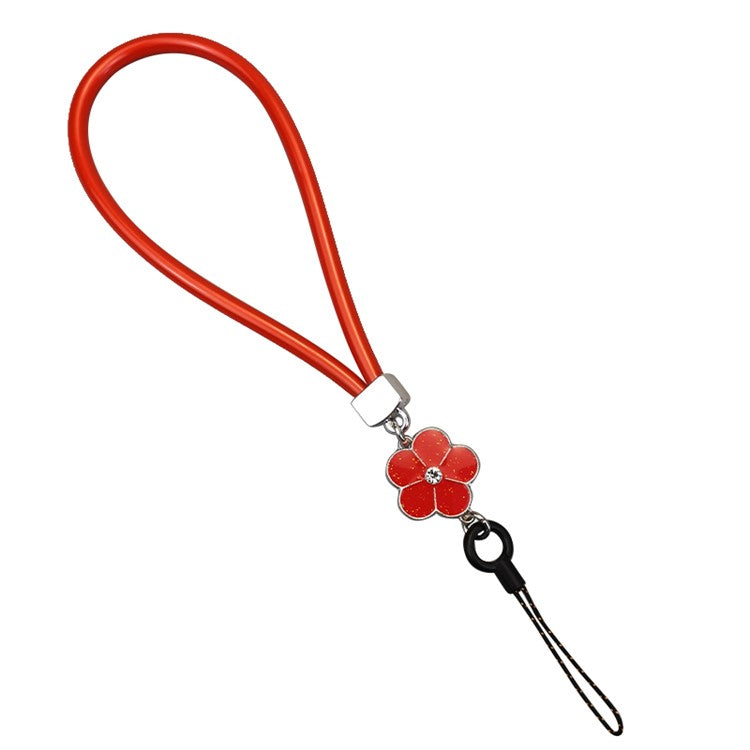 Universal Phone Short Lanyard PU Leather Flower Decor Hand Wrist Strap for ID Badge Holder Keychain - Red