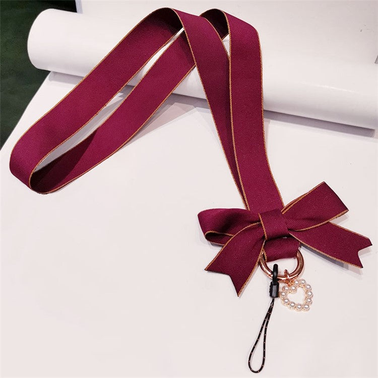 Bowknot Decor Wide Cloth Phone Lanyard Badge Holder Keychain Neck Strap Rope Lanyard - Wine Red