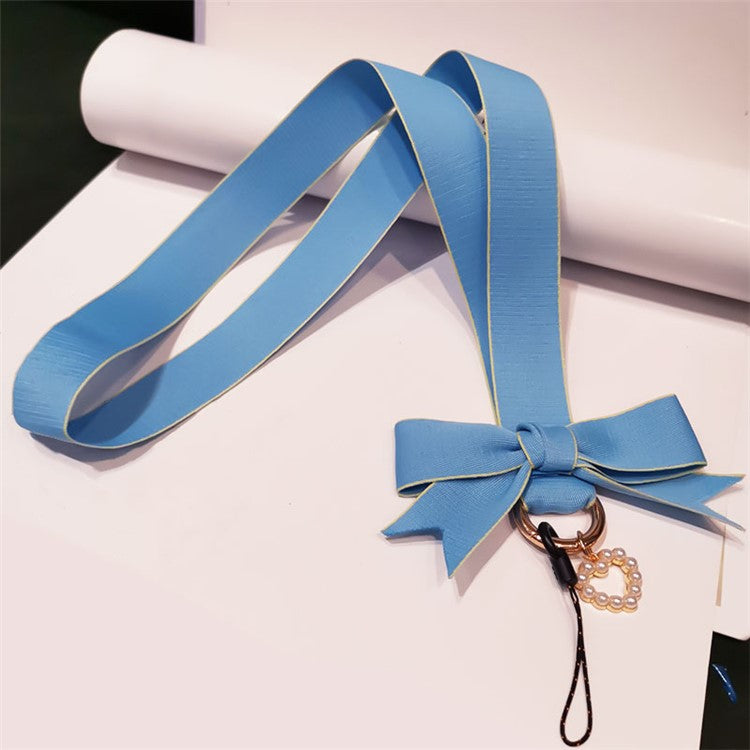 Bowknot Decor Wide Cloth Phone Lanyard Badge Holder Keychain Neck Strap Rope Lanyard - Sky Blue